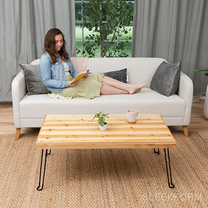 Sleekform Folding Wooden Coffee Table - Collapsible 20x40 Light Wood Mini Desk - Lightweight Foldable Coffee Table for Small Spaces - Fold Up Hairpin Legs - Birch Wood Finish