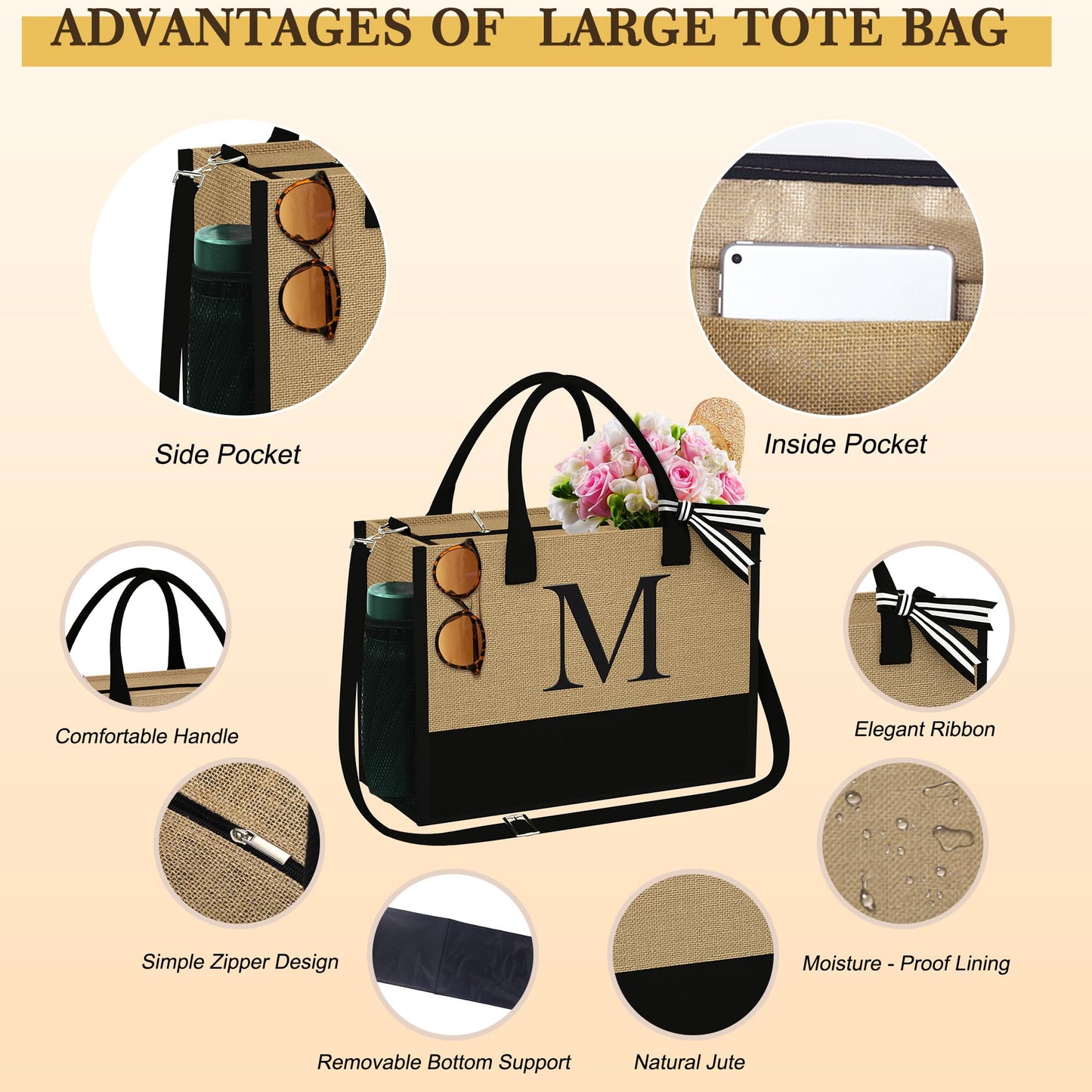 YOOLIFE Personalized Gift Beach Tote Bag, Best Friend Birthday Gifts Teacher Appreciation Wife Girlfriend Birthday Gifts for Women Sister Aunt Mom Grandma Wife Friend Gift for Women Her Letter S