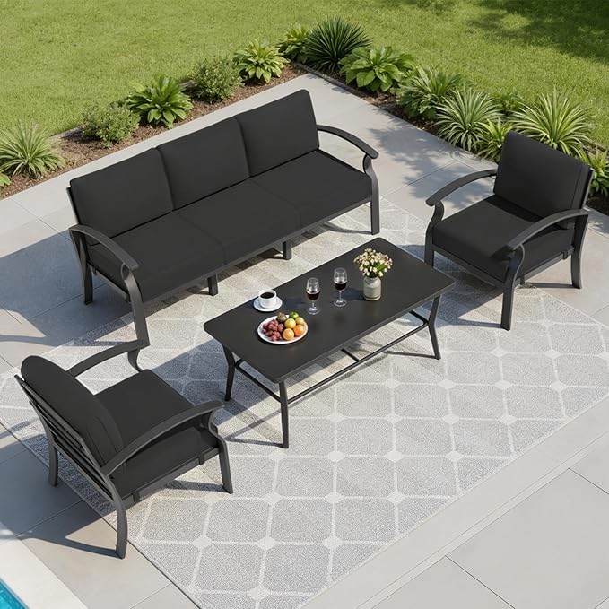 RTDTD Aluminum Outdoor Patio Furniture Set,5 Seats Patio Conversation Sets with Rectangular Coffee Table,Metal Patio Sectional Furniture Set with 5.1" Thickened Cushions,Black
