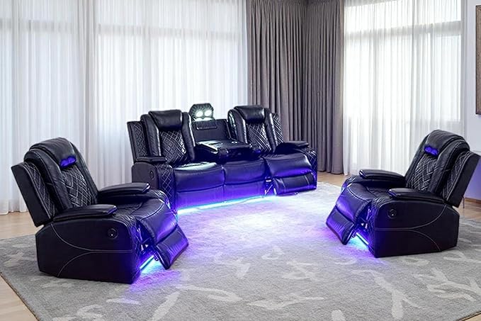 Toseslo Living Room Furniture Sets, Power Recliner Sofa Set with LED Light, Black Leather Sofa and 2 Chairs Set, Modern Power Reclining Sets with Storage Console for House