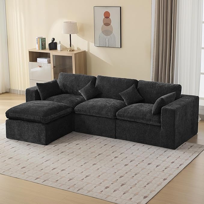 115''Cloud Boneless Sectional Couch, Modular Sectional Sofa Deep Seat with Ottoman, Oversized Upholstered Convertible Comfy 4 Seater Chenille Sofa L Shape Couches for Living Room, Dark