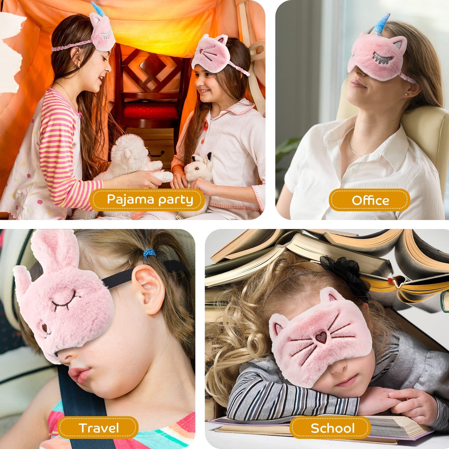 3 Pieces Sleep Mask for Kids, Girls Plush Sleeping Eye Cover Soft Eye Blindfold Cover Animal Shade for Kids(Pink,Bunny, Cat and Unicorn Style)