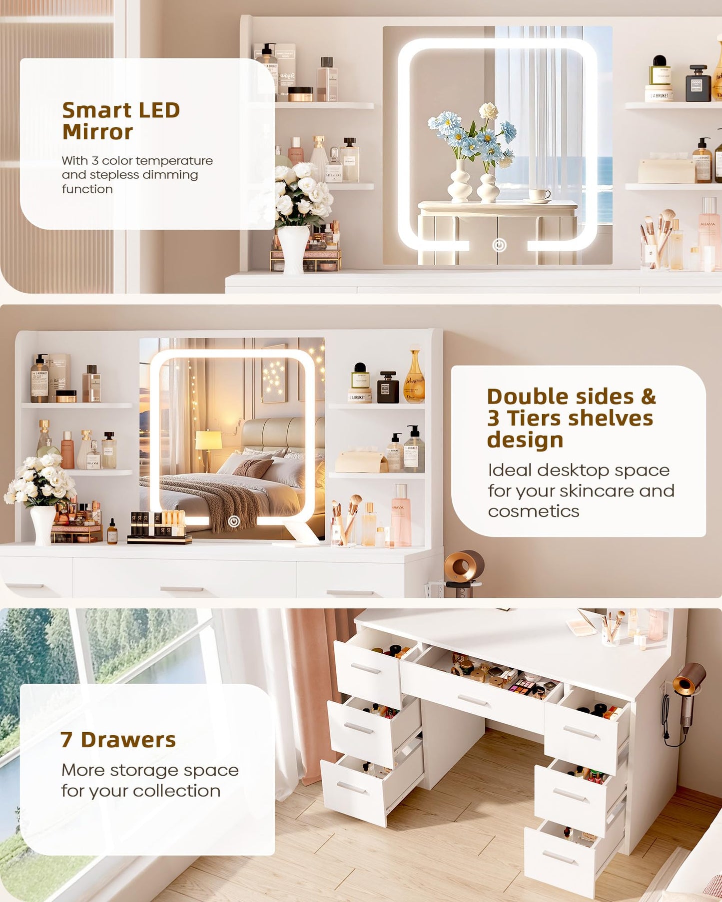 LIVELYGLOW 43" Large Makeup Vanity Desk with Smart LED Mirror and Charging Station, Professional Bedroom Dressing Table with 7 Drawers, 4 Storage Shelves & Hairdryer Holder, White