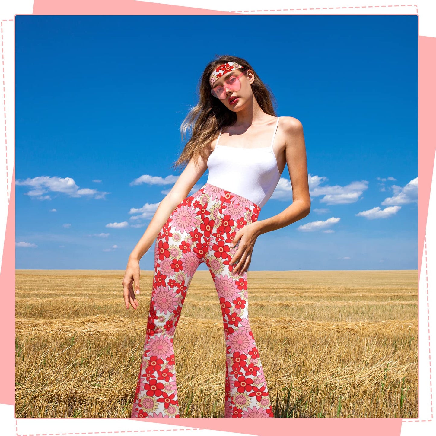 Tisancy 3 Pcs 60s 70s Outfit for Women Hippie Costume Set Disco Flared Pants Groovy Outfit Party Accessories(M Size, Flower)