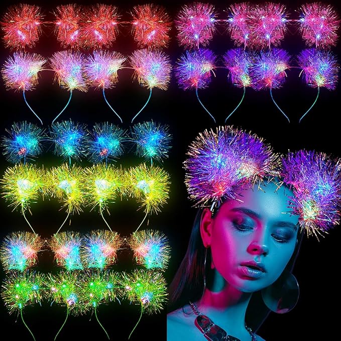 Juexica 16 Pcs Light up Cat Ears Headband with Color Change LED Cat Headband Rave Hair Accessories for New Year Party(Vivi...