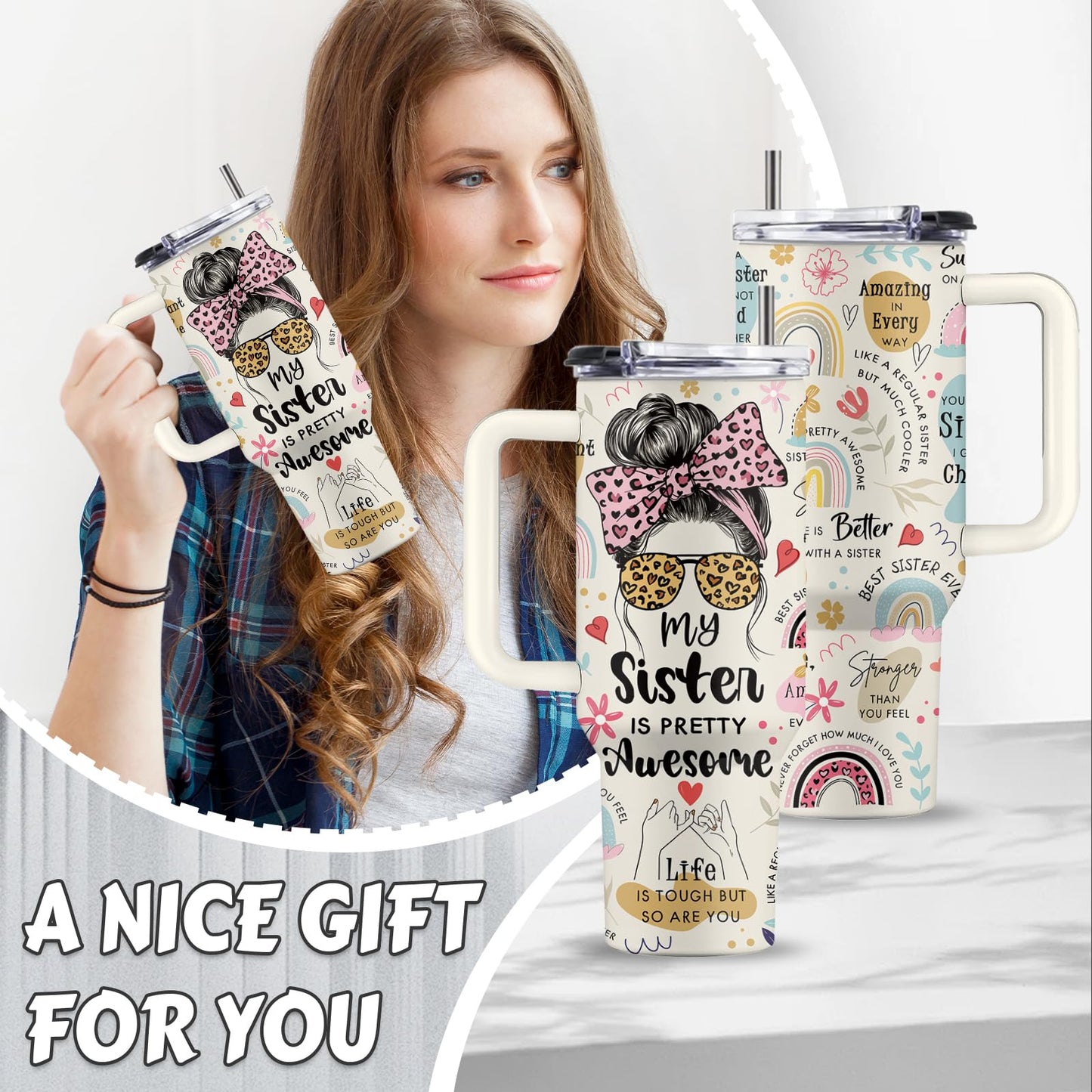 Uibunoo Sister Gifts for Women 40 Oz My Sister Is Pretty Awesome Tumbler with Handle & Straw, Gift from Brother, Stainless Steel Family Tumbler, Gifts for Mothers Day, 1 PCS