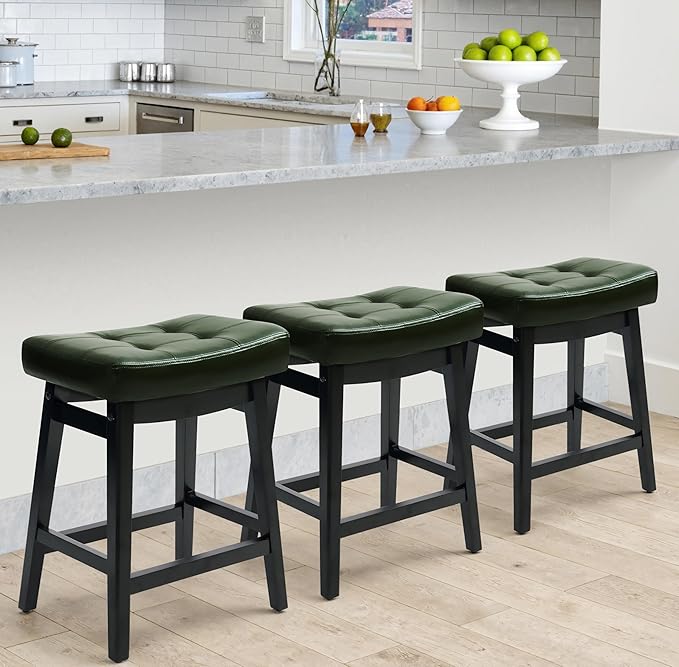 RNKSFX Counter Height Bar Stools Set of 3 for Kitchen Counter Farmhouse Modern Barstools with Faux Leather Upholstered Backless Seat and Solid Wood Legs 24 inch Bar Chairs, Green + Black