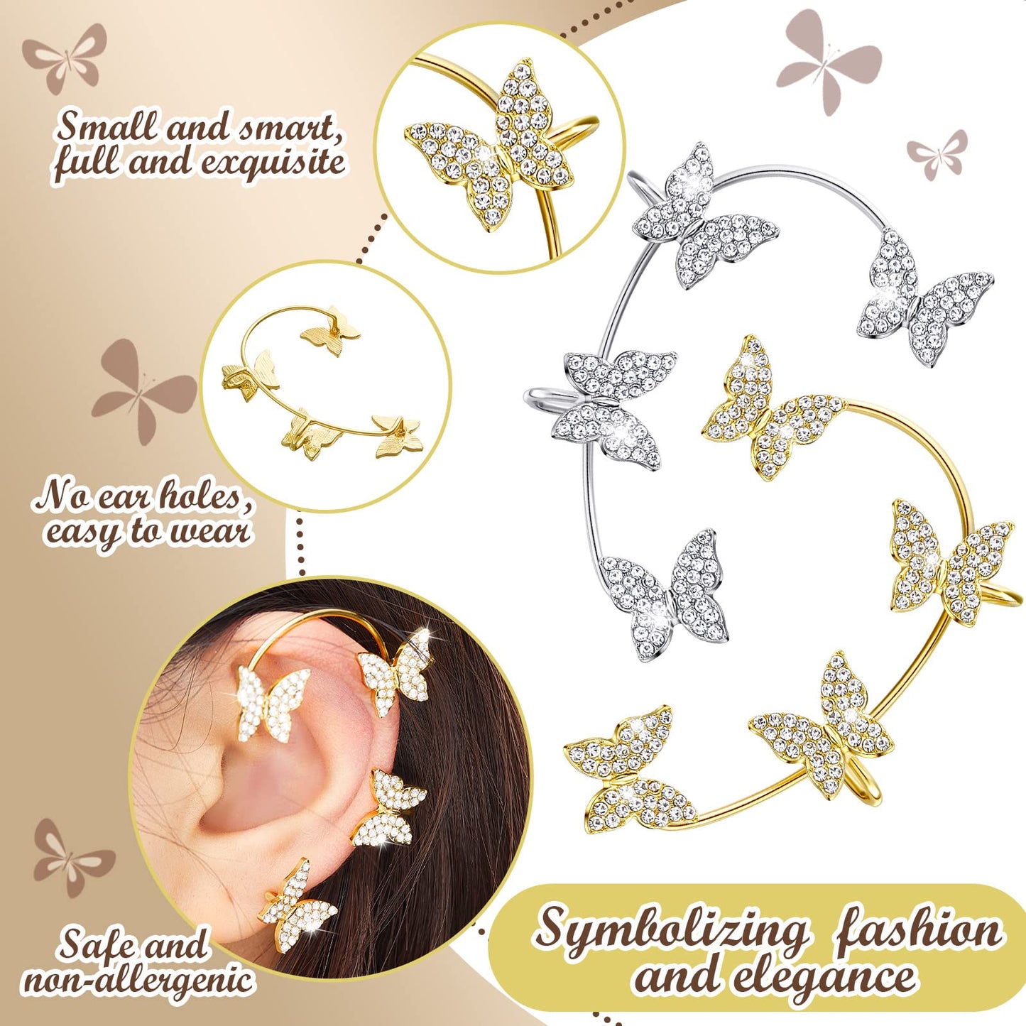 Bonuci 4 Pcs Butterfly Ear Cuff Earrings Glitter Rhinestone for Women Wrap Crawler No Piercing Butterfly Clip Wrap Around Fake Earrings (Gold, Silver, regular Style)