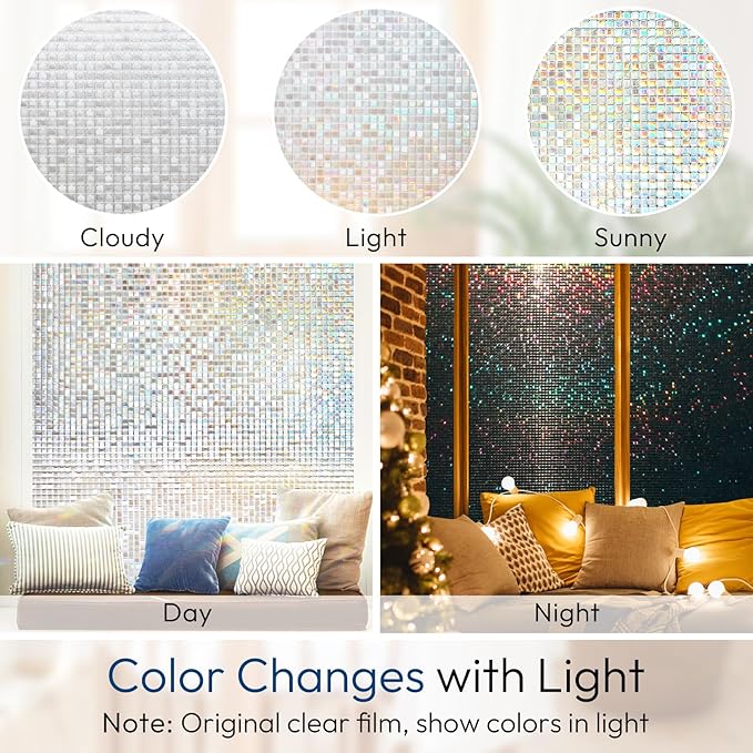 rabbitgoo Window Privacy Film Stained Glass Window Film, Mosaic Rainbow Decorative Glass Cling, Removable Static Cling Tint UV Blocking, Non-Adhesive Privacy Covering for Home, 17.5 x 157.4 inches