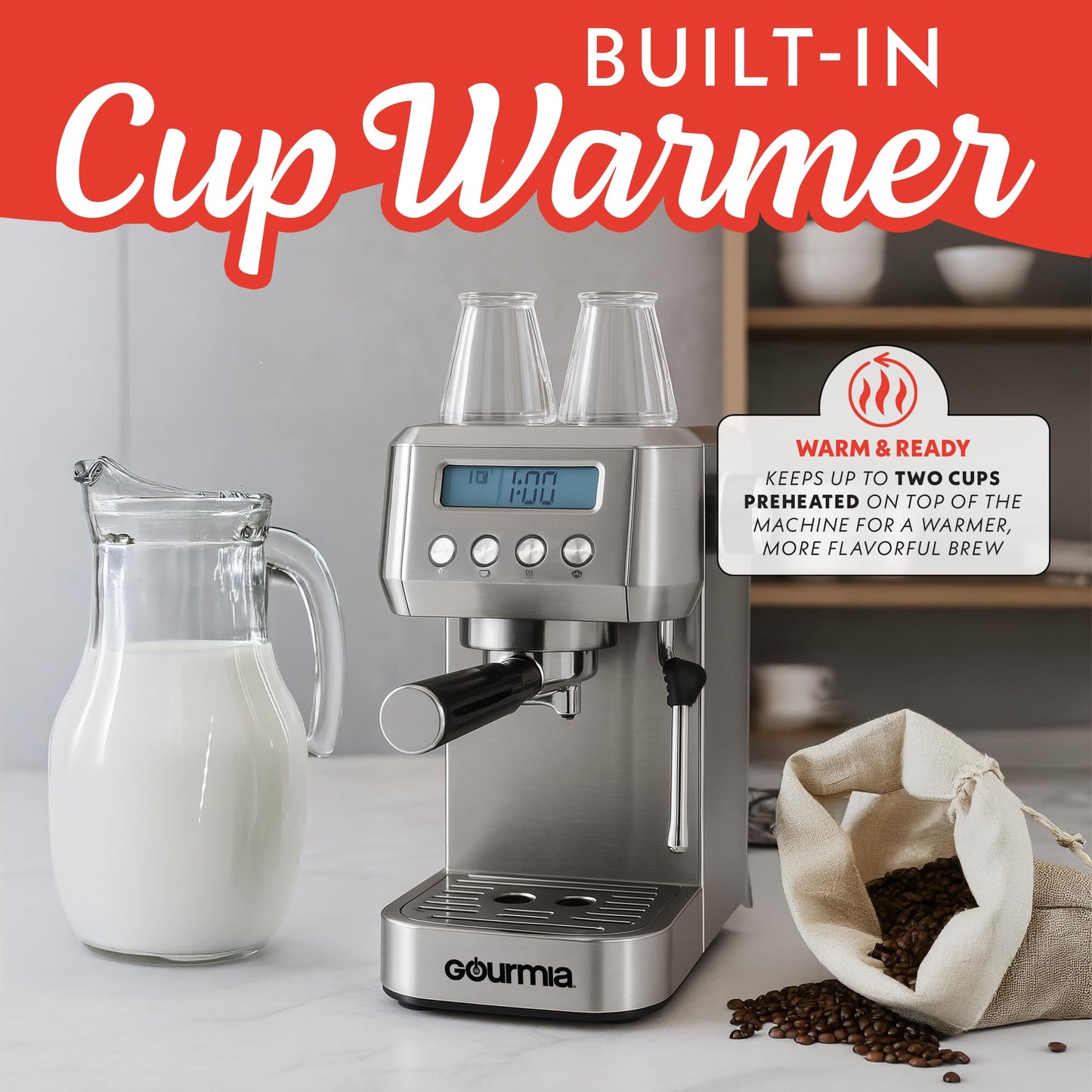 Gourmia Slim Espresso Machine – 20-Bar Pump, LCD Display, Milk Frother, Adjustable Temperature, Manual & Auto Brew for Single/Double Shots, 1350W, Stainless Steel