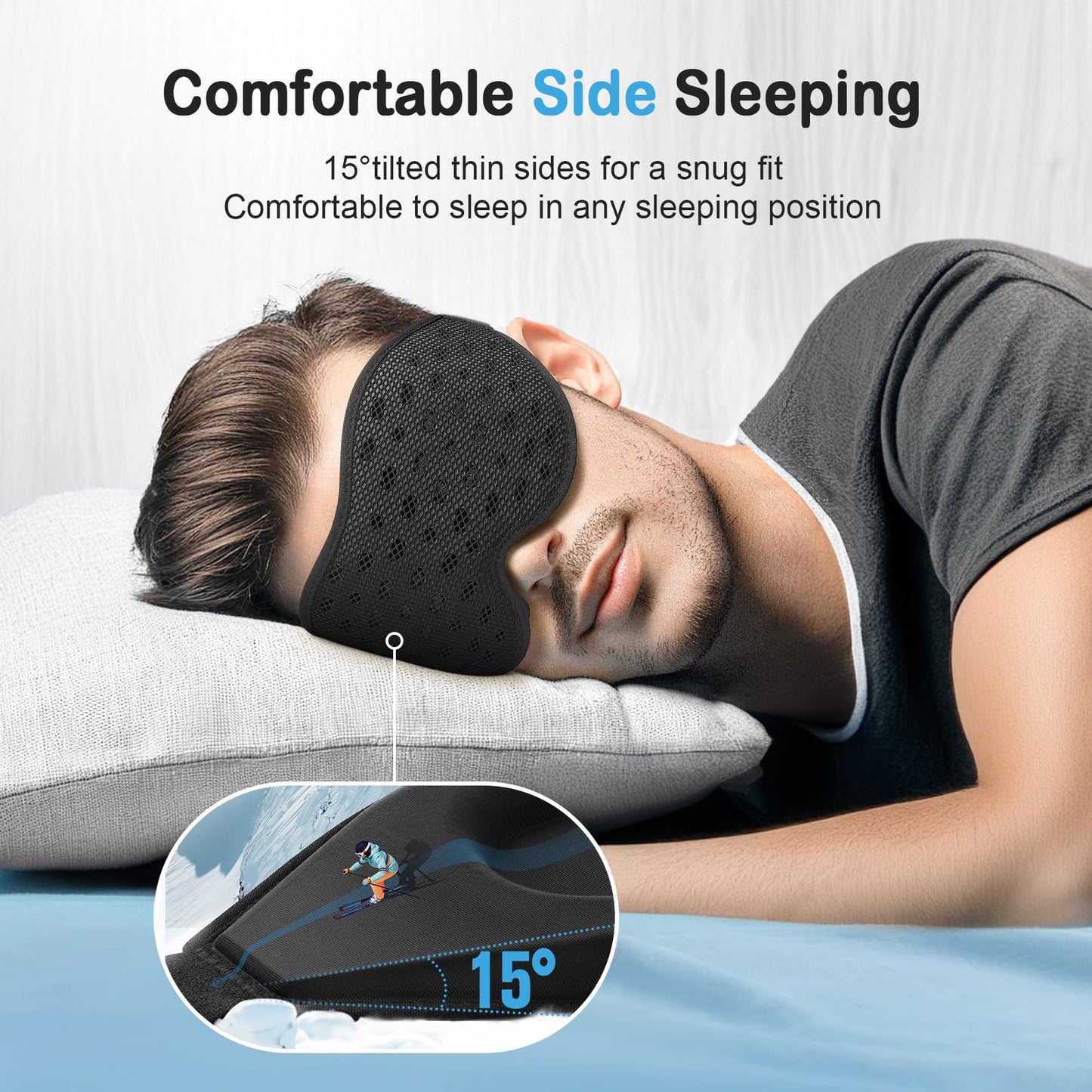 LitBear Breathable Sleep Mask, 3D Eye Mak Sleep for Side Sleepers Women Men, Light Blocking Sleeping Mask with Adjustable Strap, Soft Lightweight Eye Cover for Travel, Night Work, Nap, Office - Black