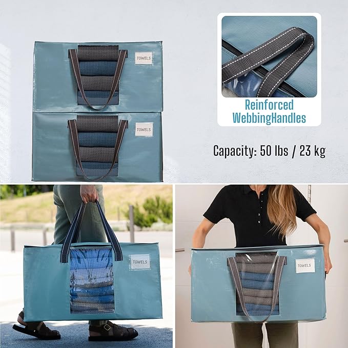 VENO 6 Pack Moving Bags, Comforter and Blanket Storage Bags for Closet, Moving Boxes, Boxes with Lids Alternative, College Dorm Packing Supplies, Foldable Heavy-Duty Tote (Shiny Light Blue, 6 Pack)