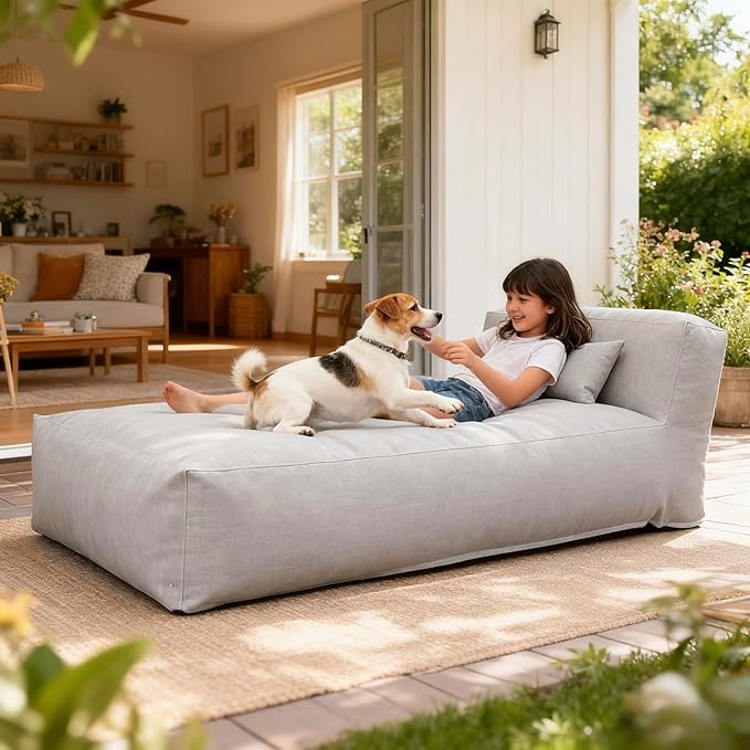 OPEAK Outdoor Bean Bed Chair Sun Lounger, Outdoor Couch Sofa for Patio & Pool, Foam Filling Day Bed Furniture, Comfy Lazy Sofa for Outside, Water-Resistant Seating Lounge Chair, Light Gray
