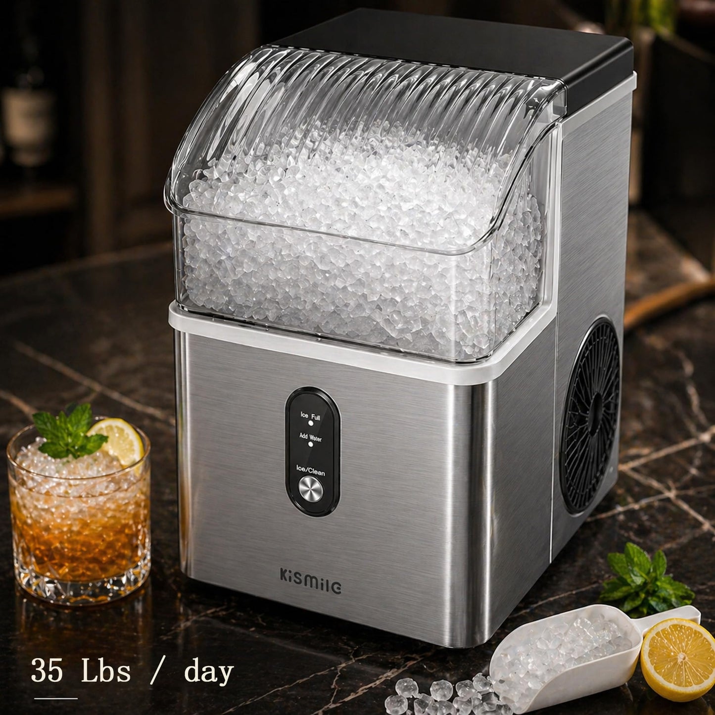 Kismile Nugget Ice Maker Countertop, Sonic Ice Maker with 35Lbs/24H, First Ice in 7 Mins, 1.2L Water Tank, Ice Basket Holds 2.2Lbs, Self-Cleaning Pebble Ice Machine for Home Kitchen Office Bar(Silver)