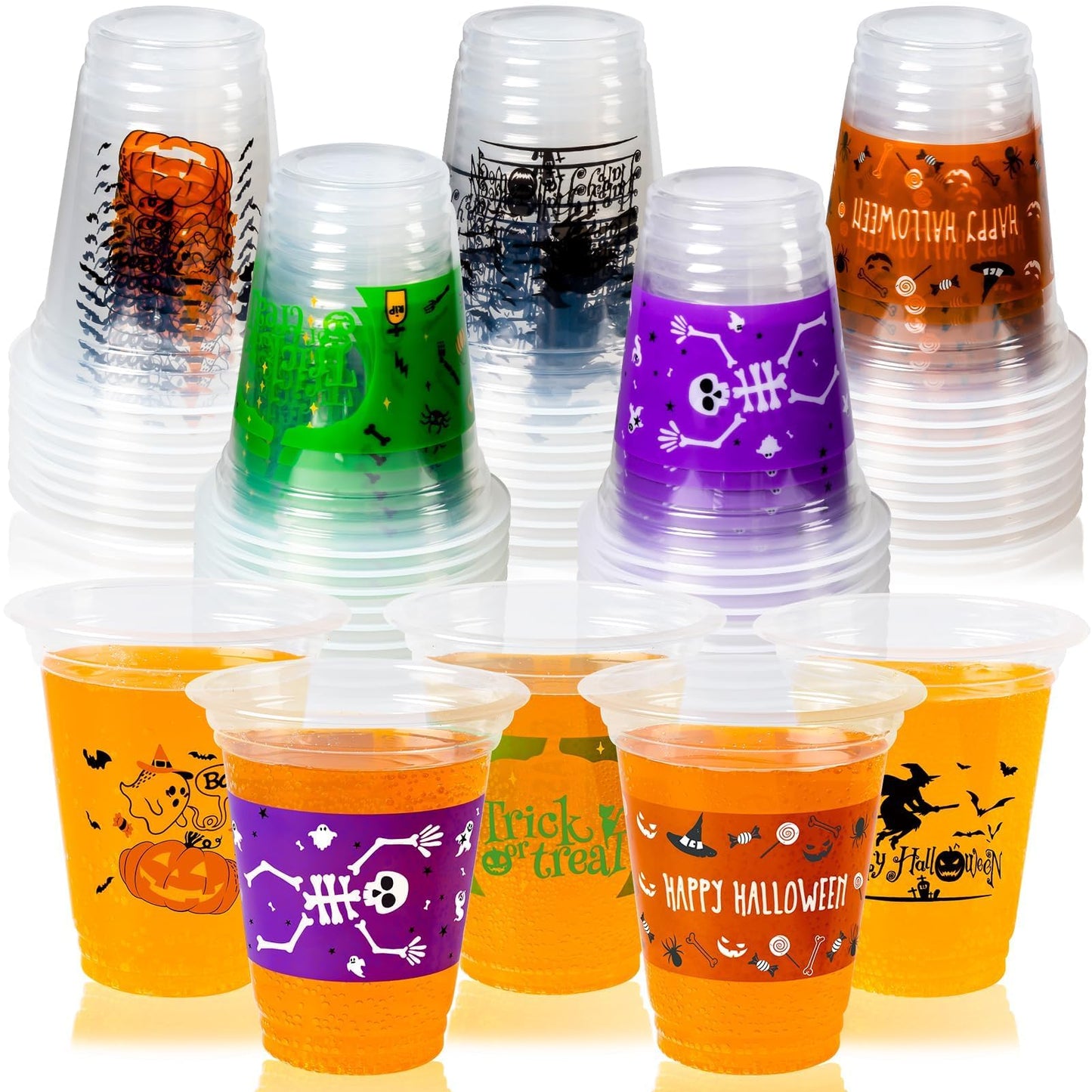 GuassLee 50 Pack Disposable Halloween Cups - Clear 12Oz Disposable Plastic Cups Set with 5 Styles Patterns for Kids Adults Halloween Party Favors Coffee Wine Hot Cold Drinks