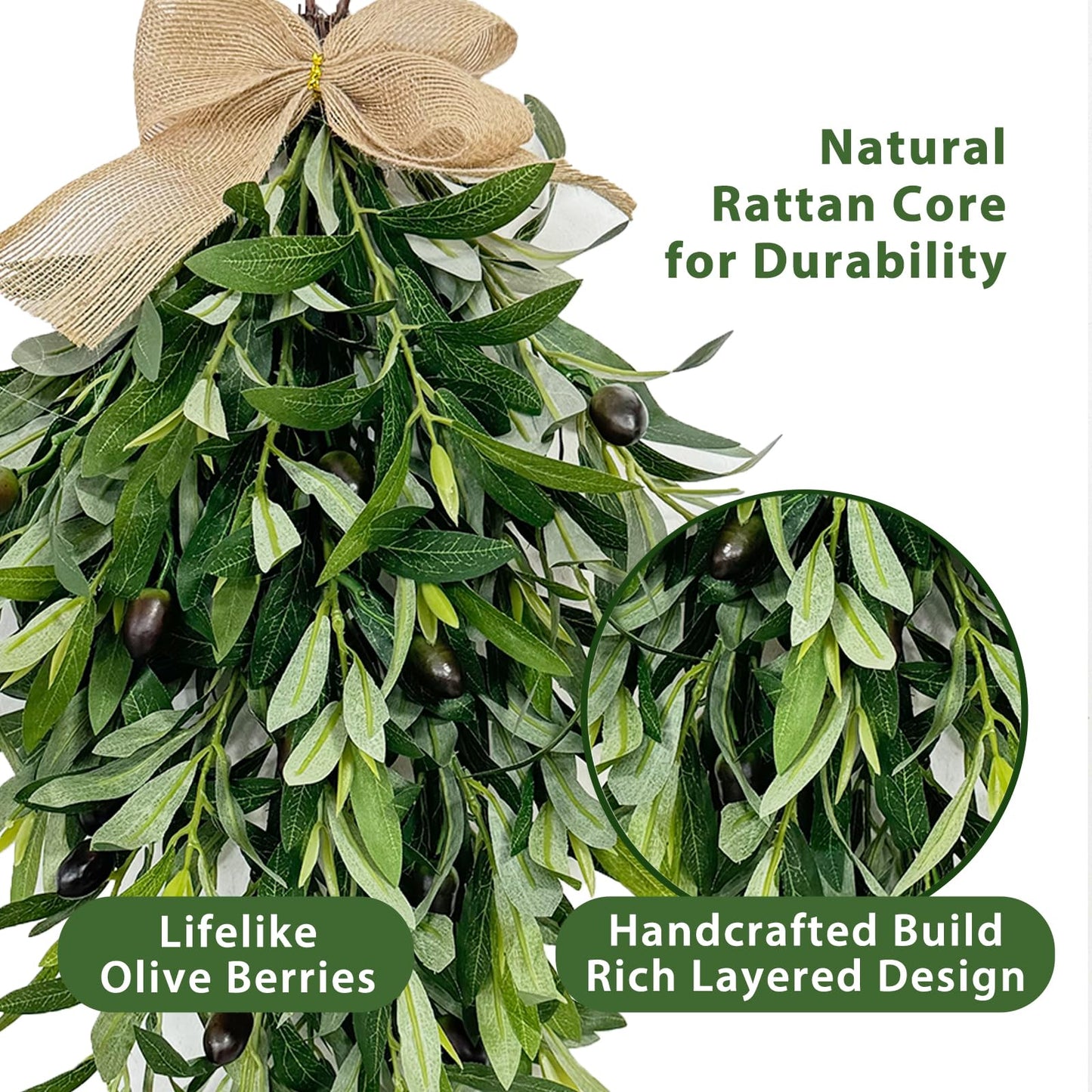 Artificial Olive Garland with Greenery Leaves – Faux Olive Wreath for Front Door, Farmhouse Wall Decor, Hanging Green Wreath for Window or Wedding Decoration (A)