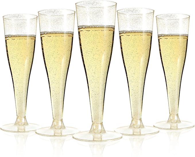 Bestluck 25 Pack Champagne Flutes Plastic, 4.5 oz Gold Glitter Plastic Disposable Stemware, Disposable Champagne Flutes fo...