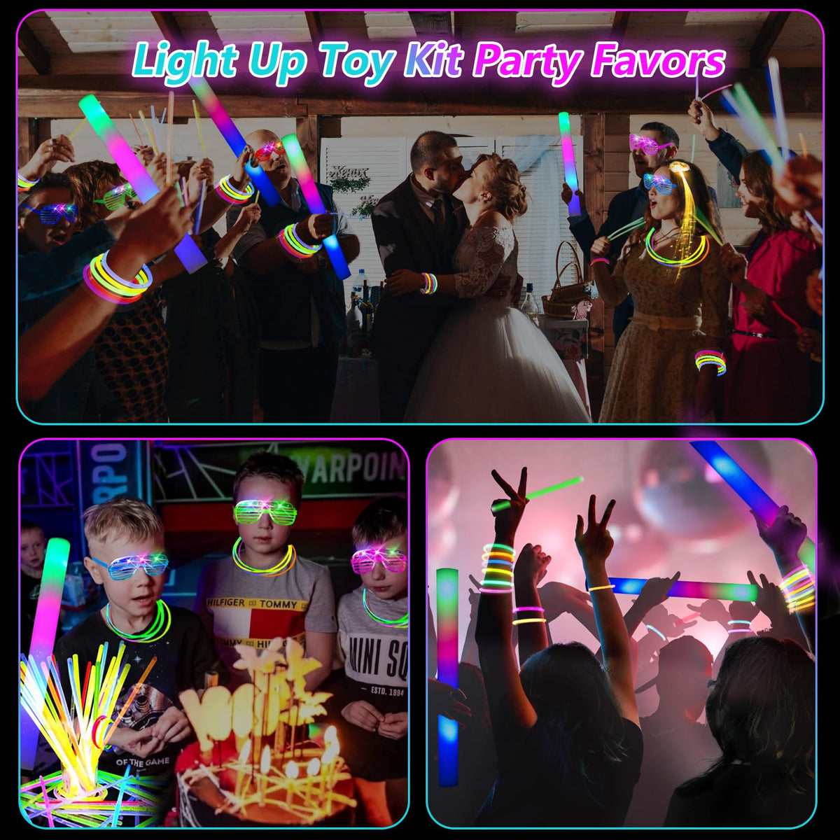 BAIJLE 148 PCS Glow in the Dark Party Supplies, 16PCS Foam Glow Sticks, 16PCS LED Glasses,100PCS Glow Sticks Bracelets and 16Pcs LED Hair Clips Fiber Optic for Glow Party, New Year, Wedding, Concert