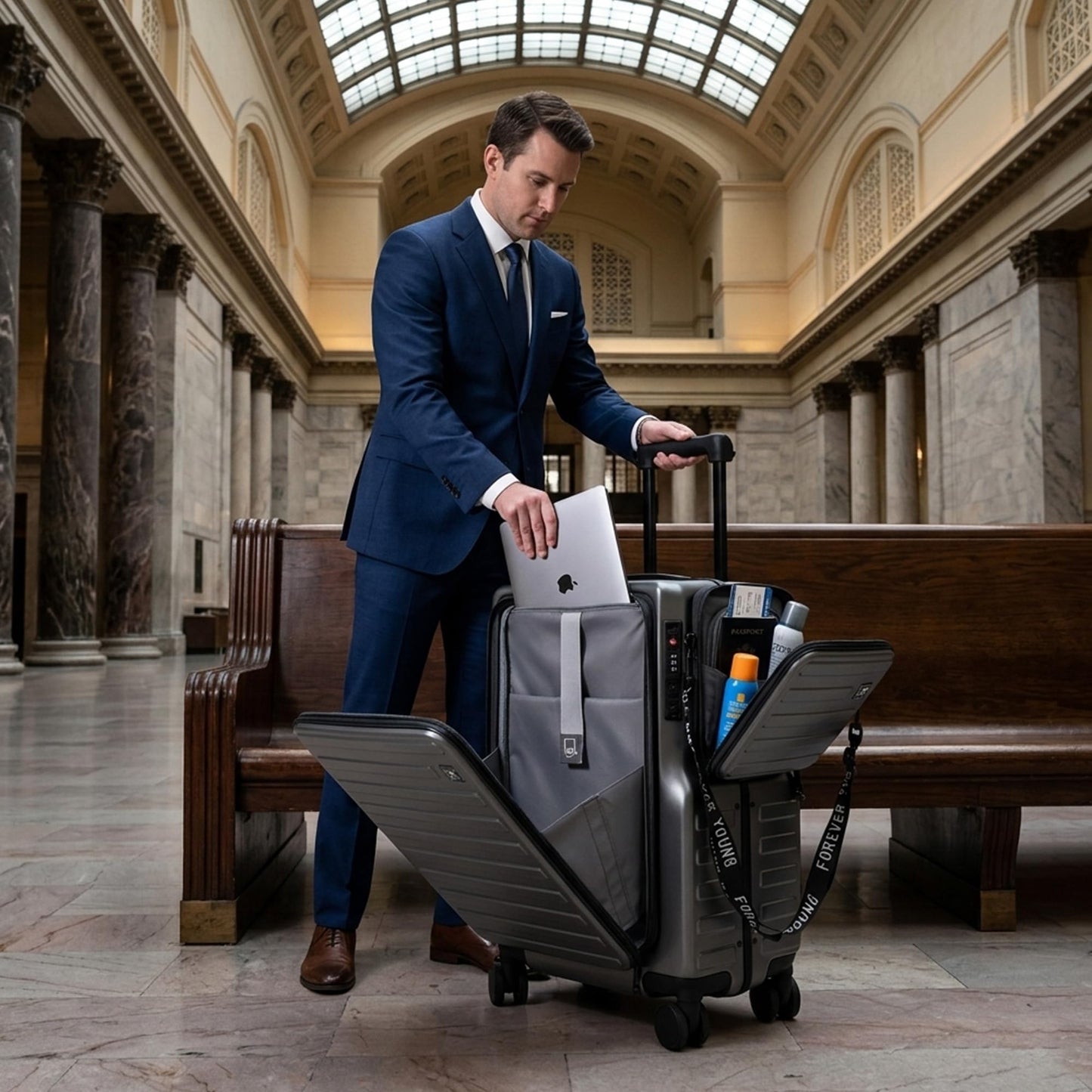 MAITUD Front Opening Carry On Luggage 22x14x9 Airline Approved, 20 Inch Aluminum Frame Suitcase with Dual TSA Locks & Cup Holder, PC Hardshell Travel Case with Detachable Bag (Titanium Grey)