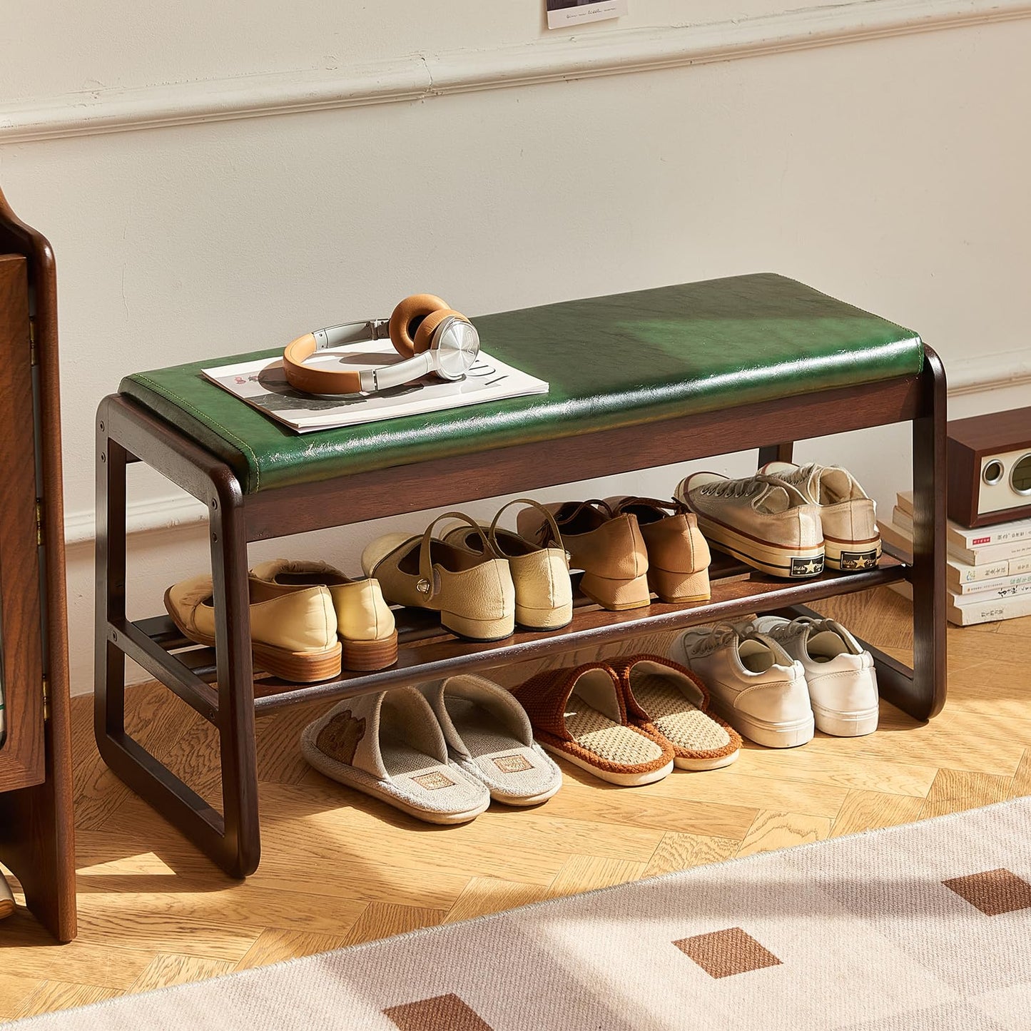 Solid Wood Shoe Bench, 2-Tier Wooden Storage Entryway Bench, Mid-Century Modern Shoe Bench Rack, End of Bed Bench with Faux Leather Cushion, Ottoman Bench for Hallway, Living Room (Walnut, 31.5'')