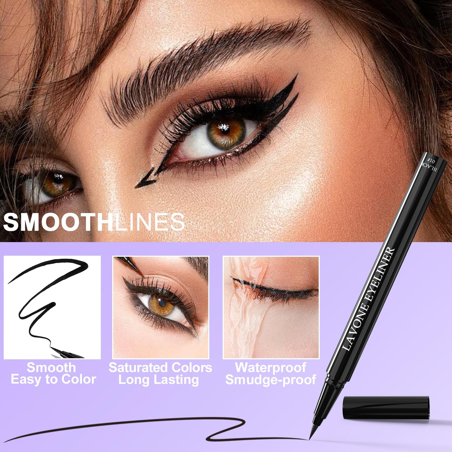 LAVONE Eyeliner Set - Waterproof Makeup Kit with Liquid eyeliner Pencil, Gel Eyeliner & Angled Eye liner Brush, Waterproof, Smud