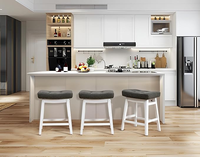 RNKSFX Counter Height Bar Stools Set of 4 for Kitchen Counter Farmhouse Modern Barstools with Faux Leather Upholstered Backless Seat and Solid Wood Legs 24 inch Bar Chairs, Grey + White
