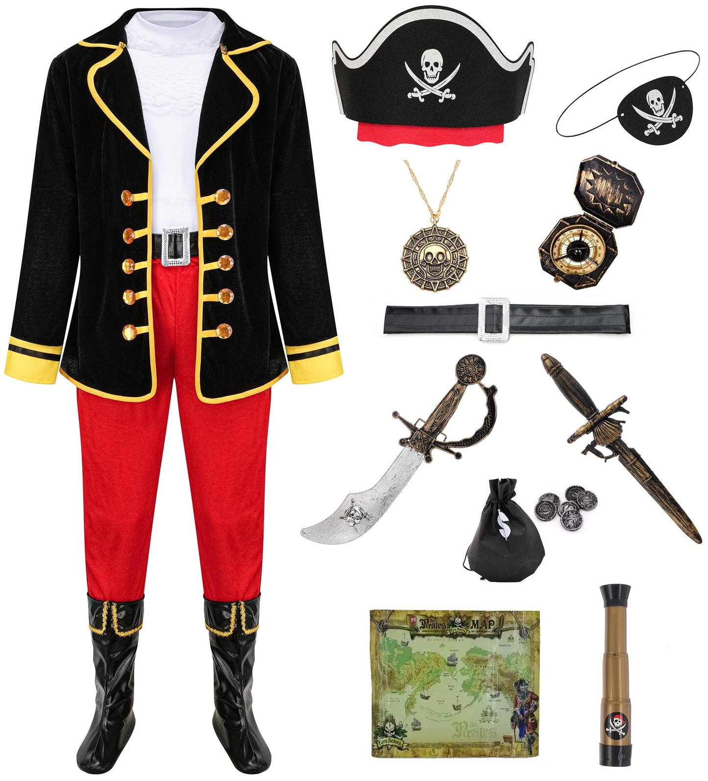 GZ-LAOPAITOU Pirate Costume for Kids Boys Deluxe Pirate Costume Set with Accessories Halloween Cosplay Party Dress Up