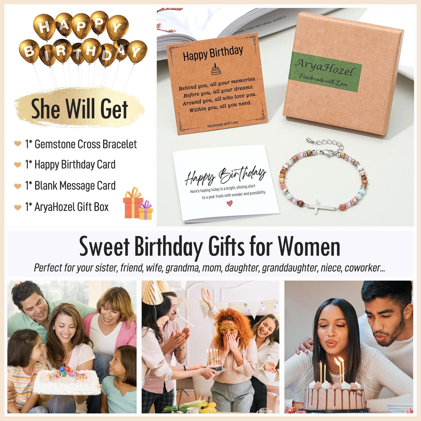 AryaHozel Birthday Gifts for Women, Cross Bracelet, Happy Birthday Decorations Womens Bday Gifts Ideas for Her Sister Friend Wife Mom Daughter 16th 21st 25th 30th 40th 50th 60th 65th Friendship