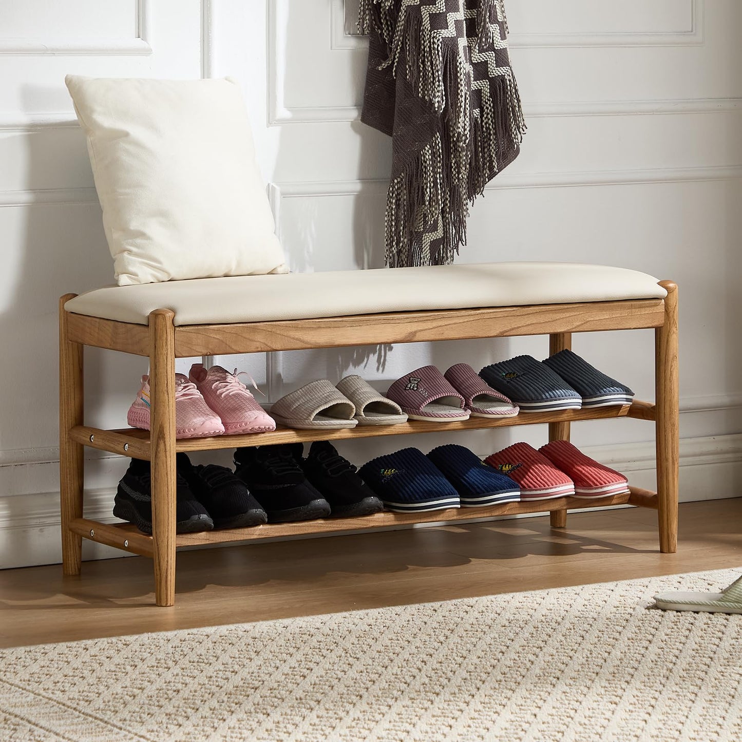 CREATISAN Shoe Bench, Solid Oak Wood Entryway Bench with Storage, 3-Tier Shoe Storage Bench with PU Leather Seat, Mid Century Shoe Rack Benches for Hallway, Bedroom, Living Room, 43.3" White