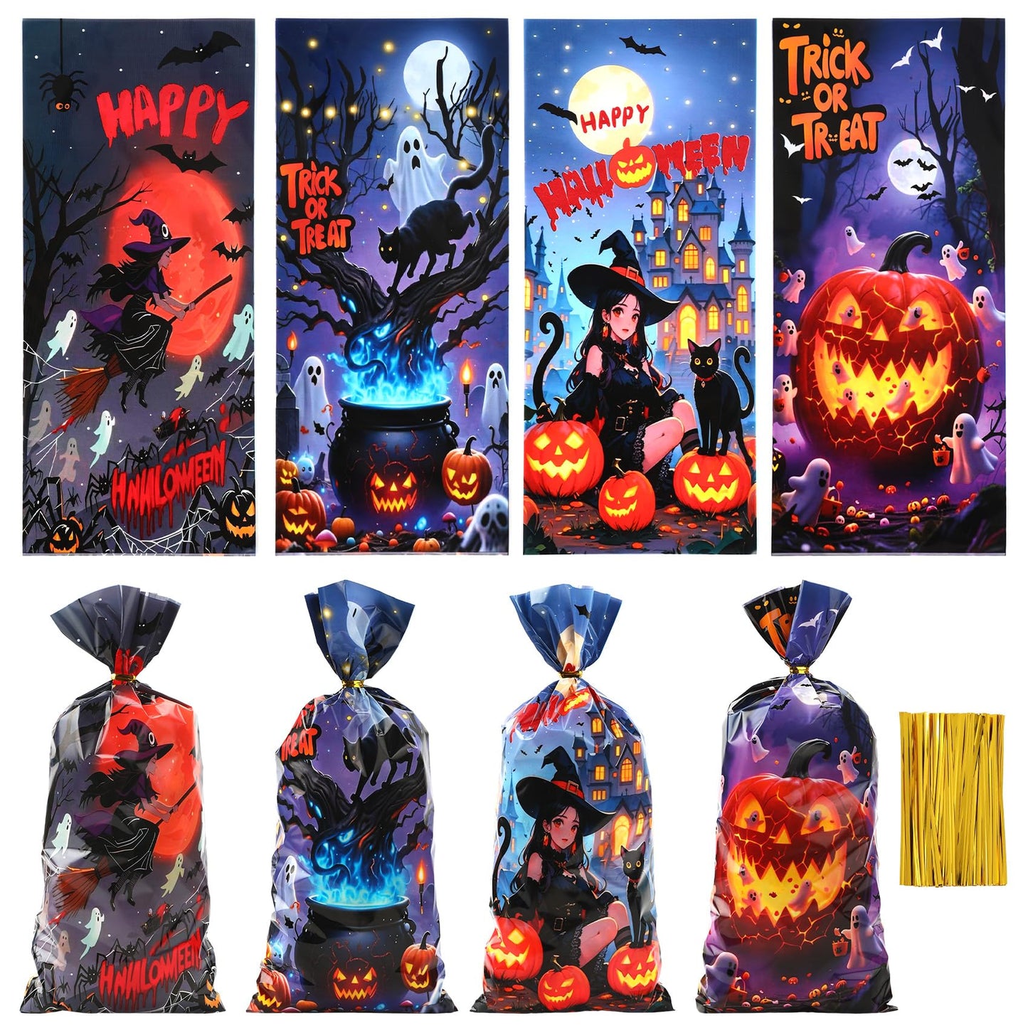 Halloween Cellophane Treat Bags, 100 Pcs Plastic Trick or Treat Candy Goodie Gift Bags with Twist Ties, 4 Style Clear Cookies Snack Goody Bag for Halloween Birthday Party Favors Supplies 10.8 X 4.9 In