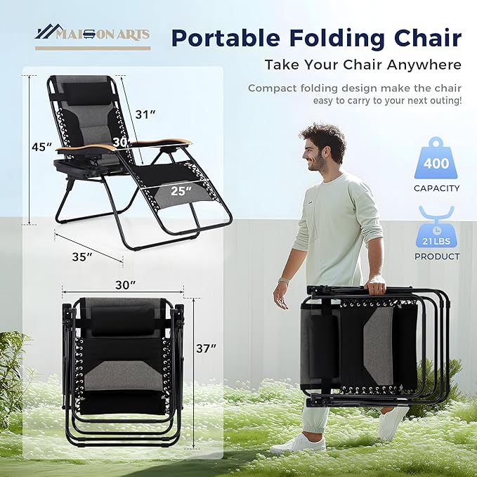 MAISON ARTS Oversized XXL Zero Gravity Chair Set of 2, 30" Wide Seat Padded Foldable Recliner, Anti Gravity Outdoor Lawn Chair for Poolside/Backyard/Beach, Supports 400lbs, Black & Grey