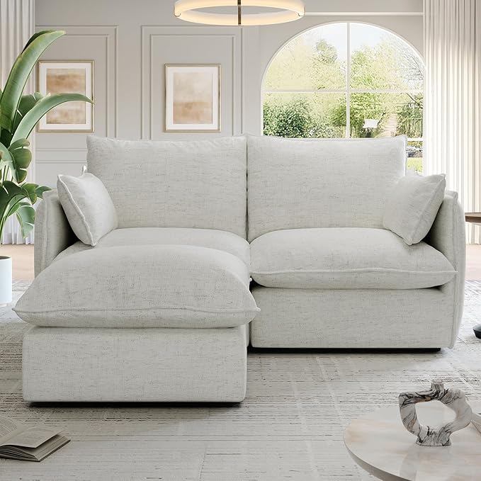 Lopzeho Cloud Modular Sectional Sofa, Waterproof Down Filled Sectional Sofa, High Backrest Loveseat Couch with Ottoman, Modern Modular Couch with Removable Cover, Cream White