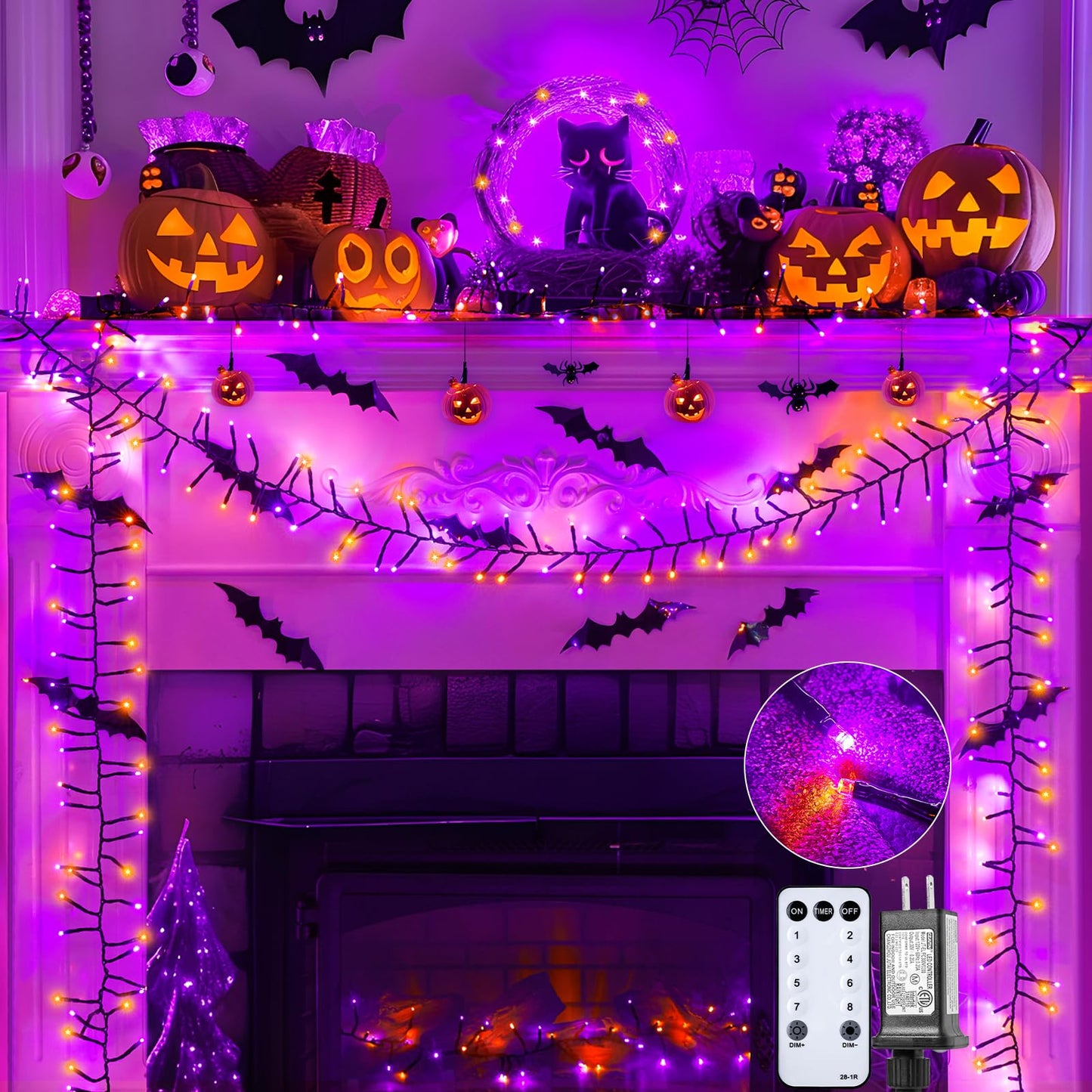 Halloween String Lights Outdoor Cluster Lights - 500 LED 25 Ft Orange Purple Twinkle Lights 8 Modes Timer Remote, Waterproof Plug in Halloween Fairy Lights for Indoor Outdoor Halloween Decorations