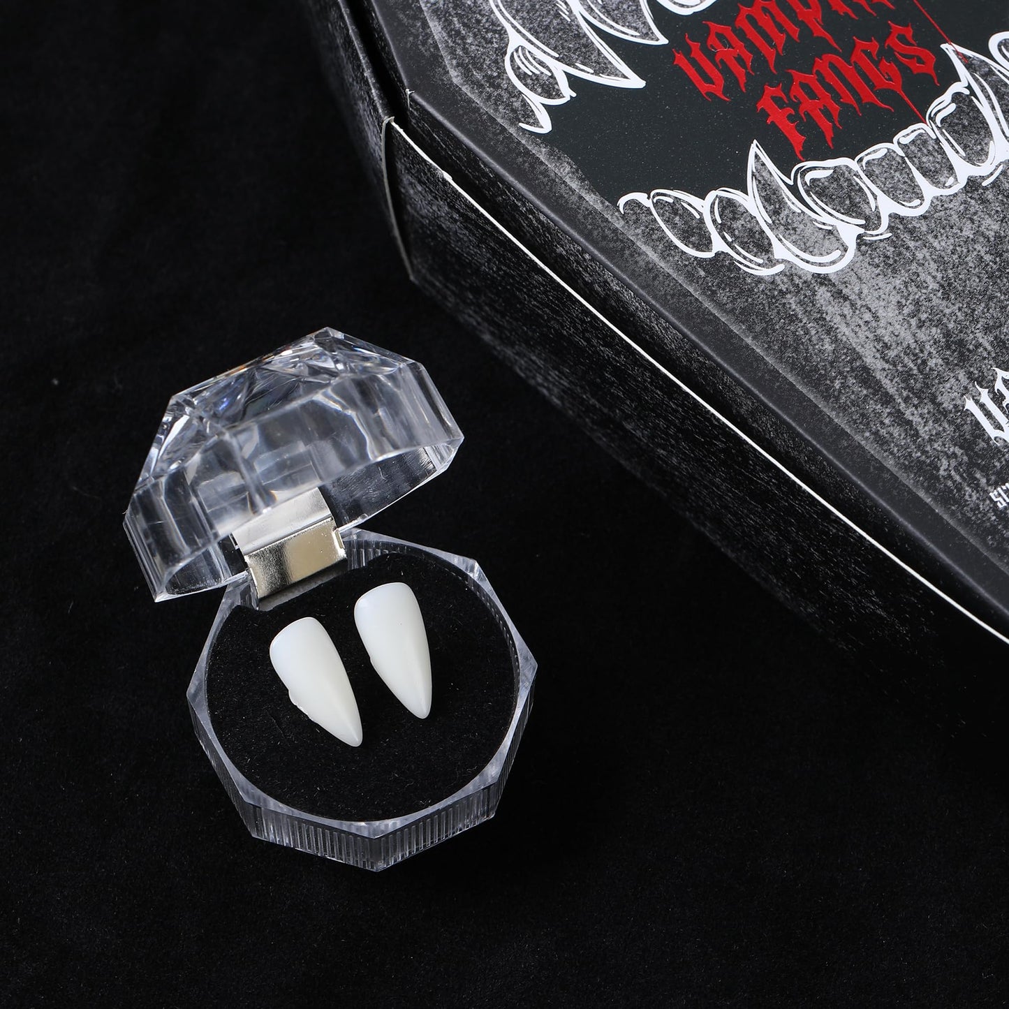 VANERIA 4 Pairs Vampire Fangs,4 Size Fangs For Cosplay Halloween with Tube Solid Adhesive,Vampire Coffin Gift Box Design,Fake Fangs Vegan/Cruelty Free