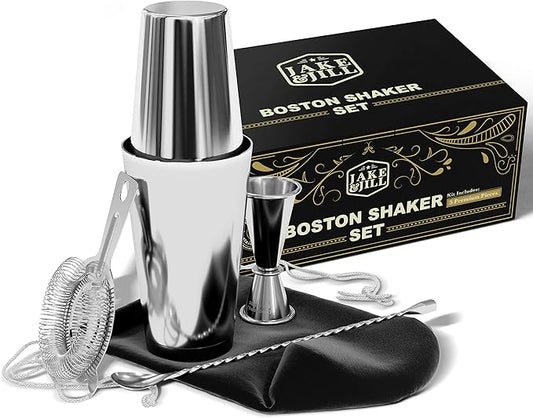 (5 Pc) Boston Cocktail Shaker Set w/HD Strainer, High End Japanese Jigger & 500 Recipes - Stainless Steel Margarita & Mart...