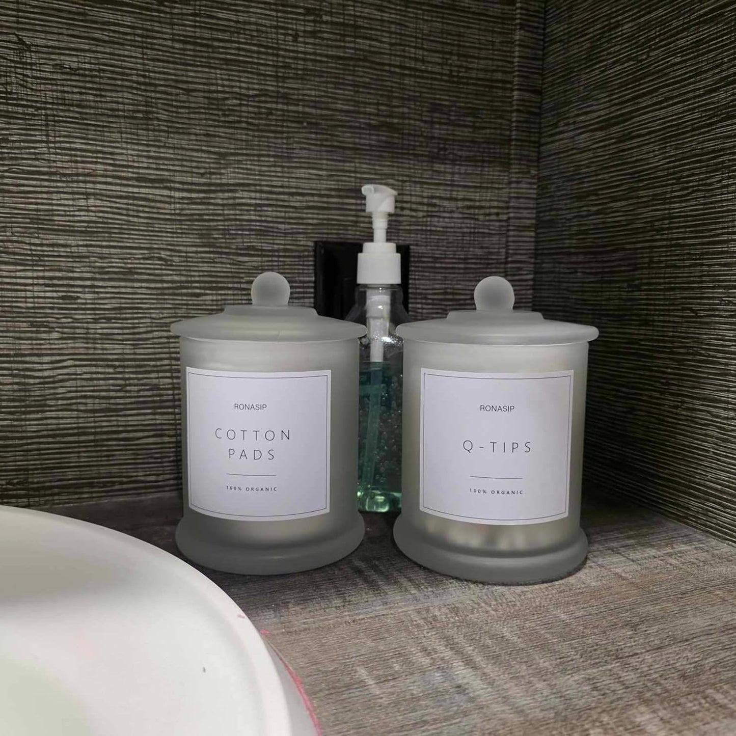 Qtip Holder & Cotton Pad Dispenser, Bathroom Organizer and Storage Canisters, 16oz Glass Apothecary Jars for Kitchen, Restroom - Home Decor, Room Decor Aesthetic (2 Pack, Frosted White)