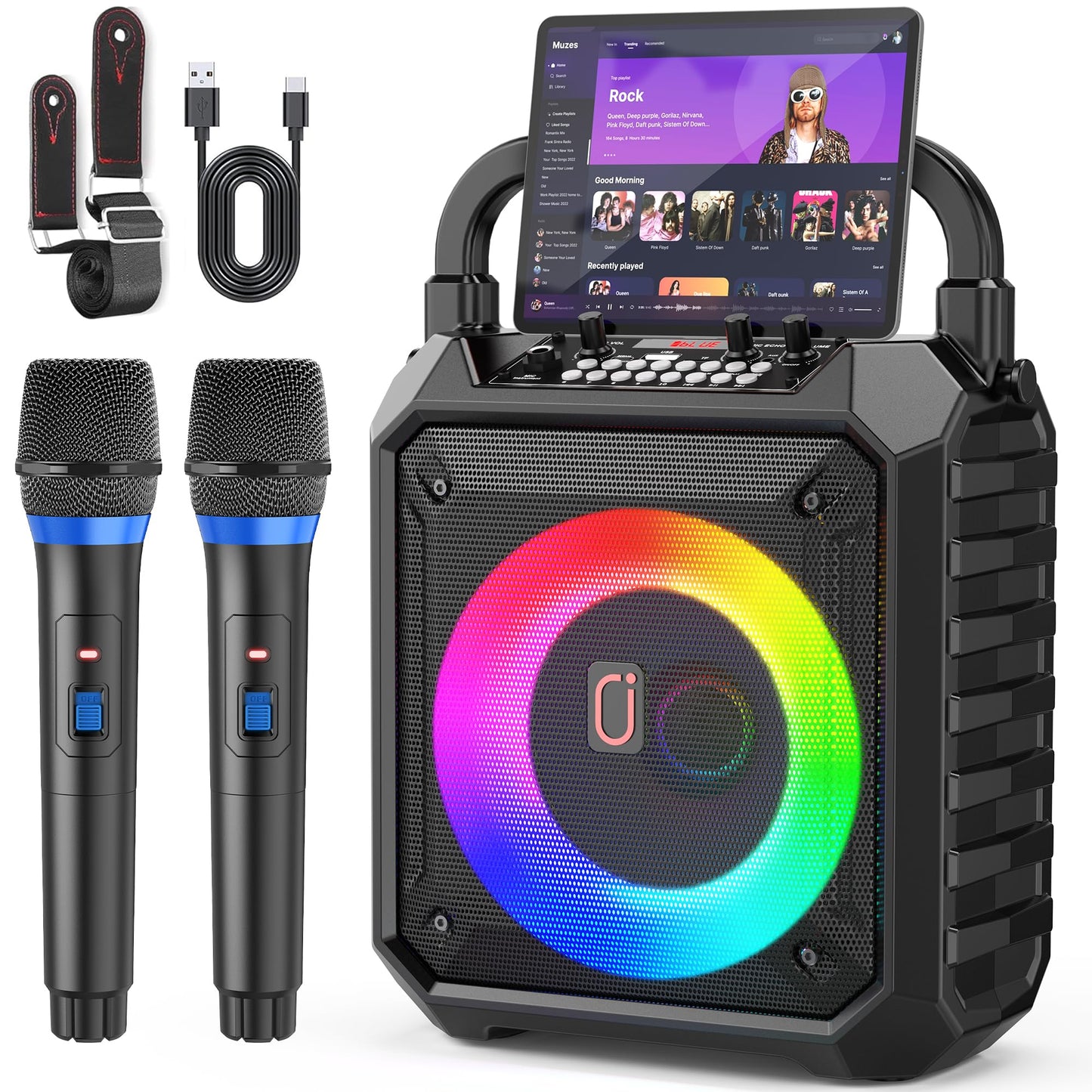 JYX Karaoke Machine with Two Wireless Microphones, Portable Speaker with LED Lights for Kids and Adults, Supports Bluetooth/USB/