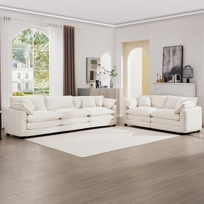 mikibama Luxury 2 Piece Sofa Set, 3-Seater & Loveseat Couch Set, Modern Corduroy Comfy Cloud Couches Set for Living Room Office with 4 Armrest Pillows and 5 Toss Pillows, Beige
