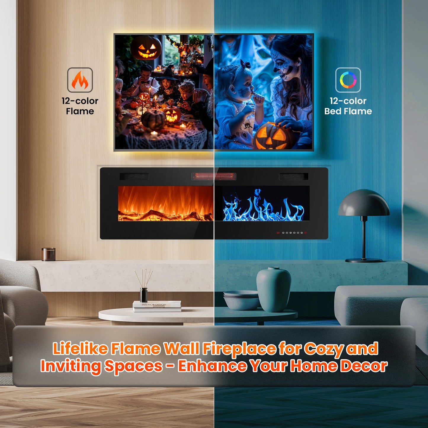 Joy Pebble 50 Inch Electric Fireplace Inserts, in-Wall Recessed and Wall Mounted 750/1500W Fireplace Heater, Touch Screen, Remote Control with Timer, Adjustable Flame Color and Speed