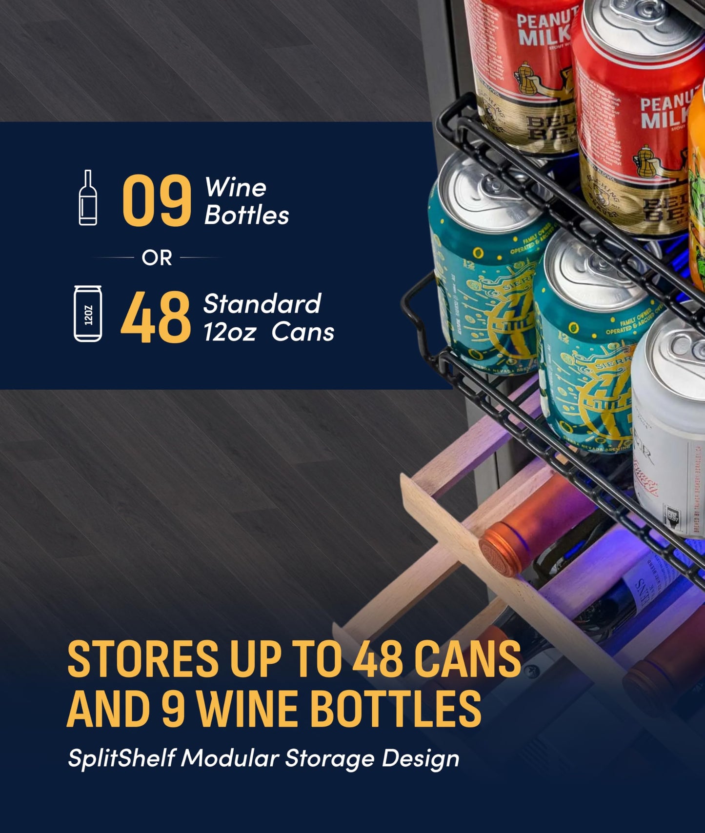 NewAir 15" Dual Zone Beverage Refrigerator & Wine Cooler for 9 Bottles & 48 Cans | Freestanding or Built-In Under Counter Mini Fridge for Beer, Wine and Soda | Stainless Steel
