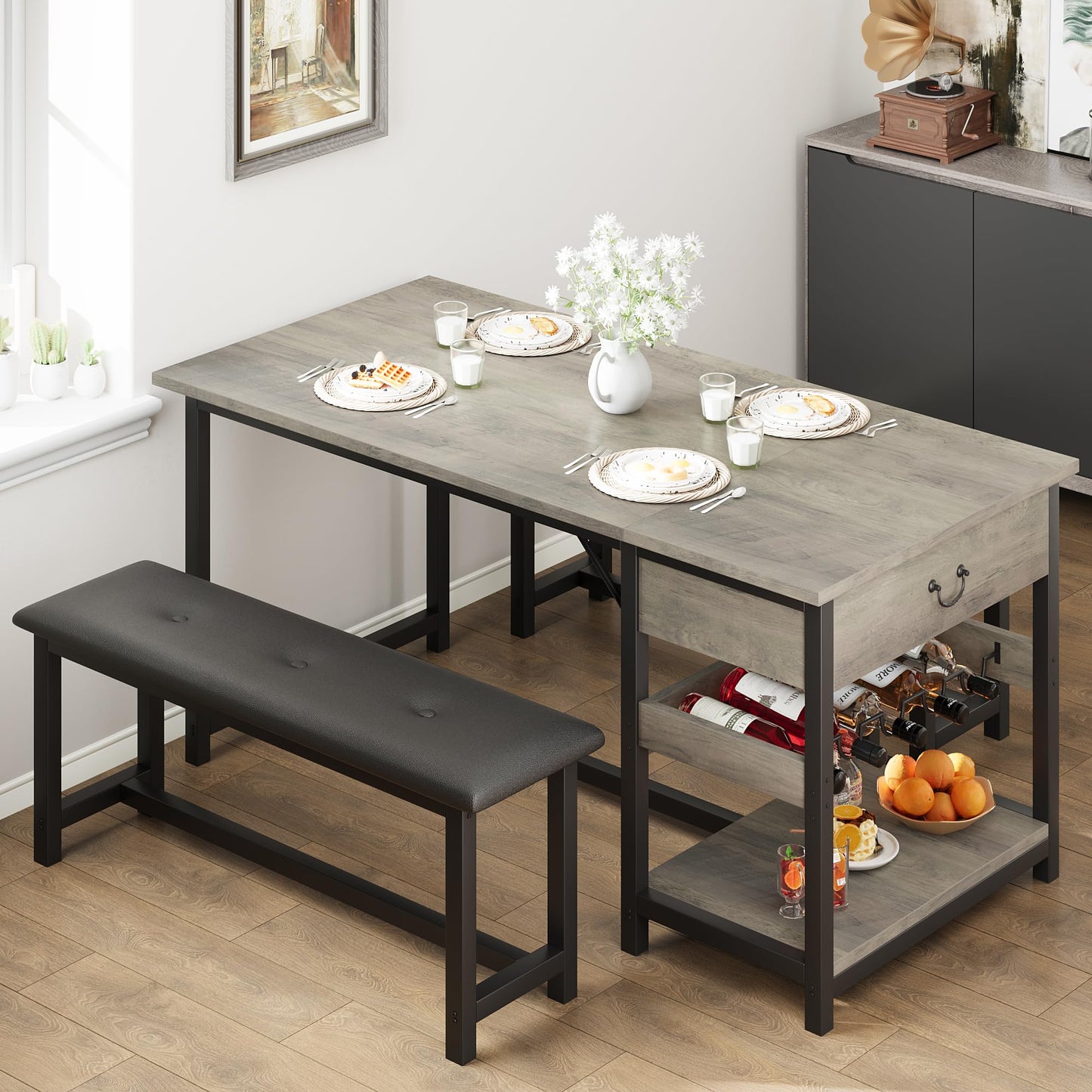 Dining Table Set for 4 People, Kitchen Table Set with 2 PU Leather Upholstered Benches, MDF Wood Board Dining Room Table Set with Drawer & Wine Rack for Breakfast Nook, Apartment, Small Spaces