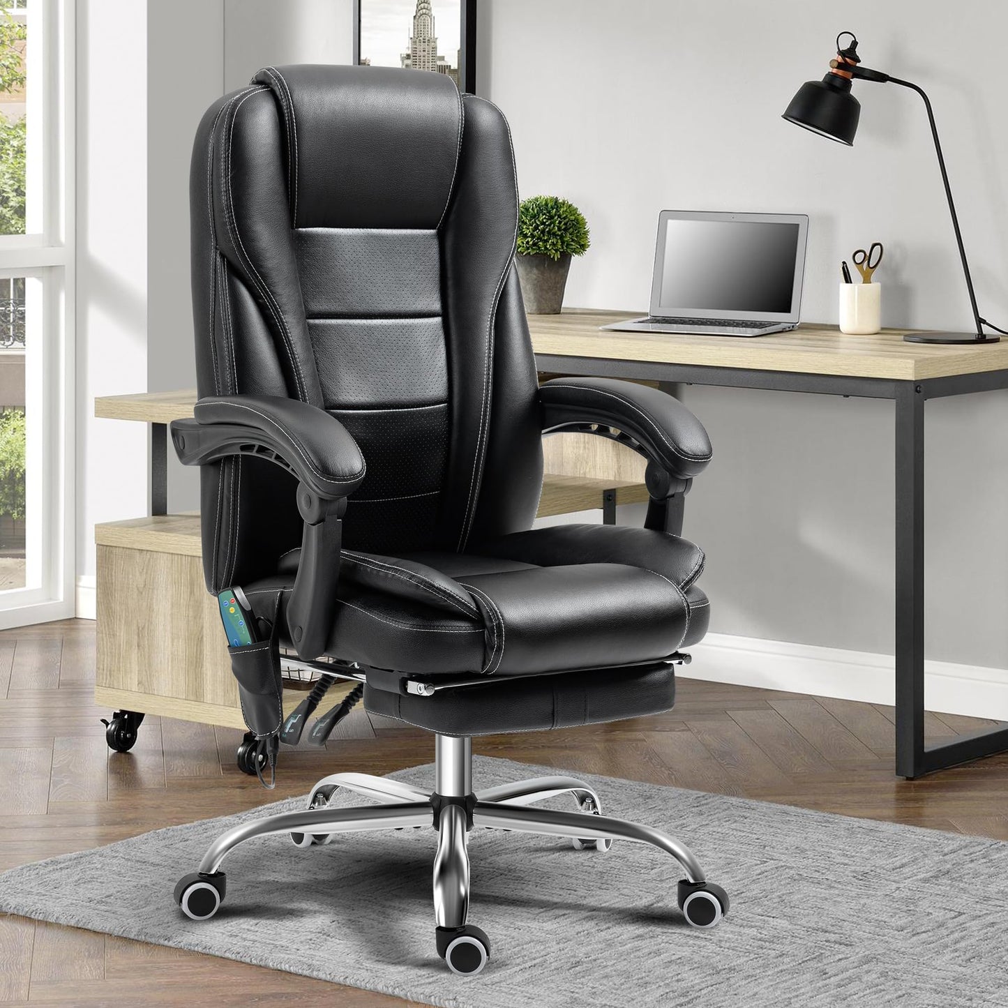 TonghuaS Reclining Massage Office Chair with Footrest, High Back Ergonomic Executive Chair with Heating and Vibration Function(Black)
