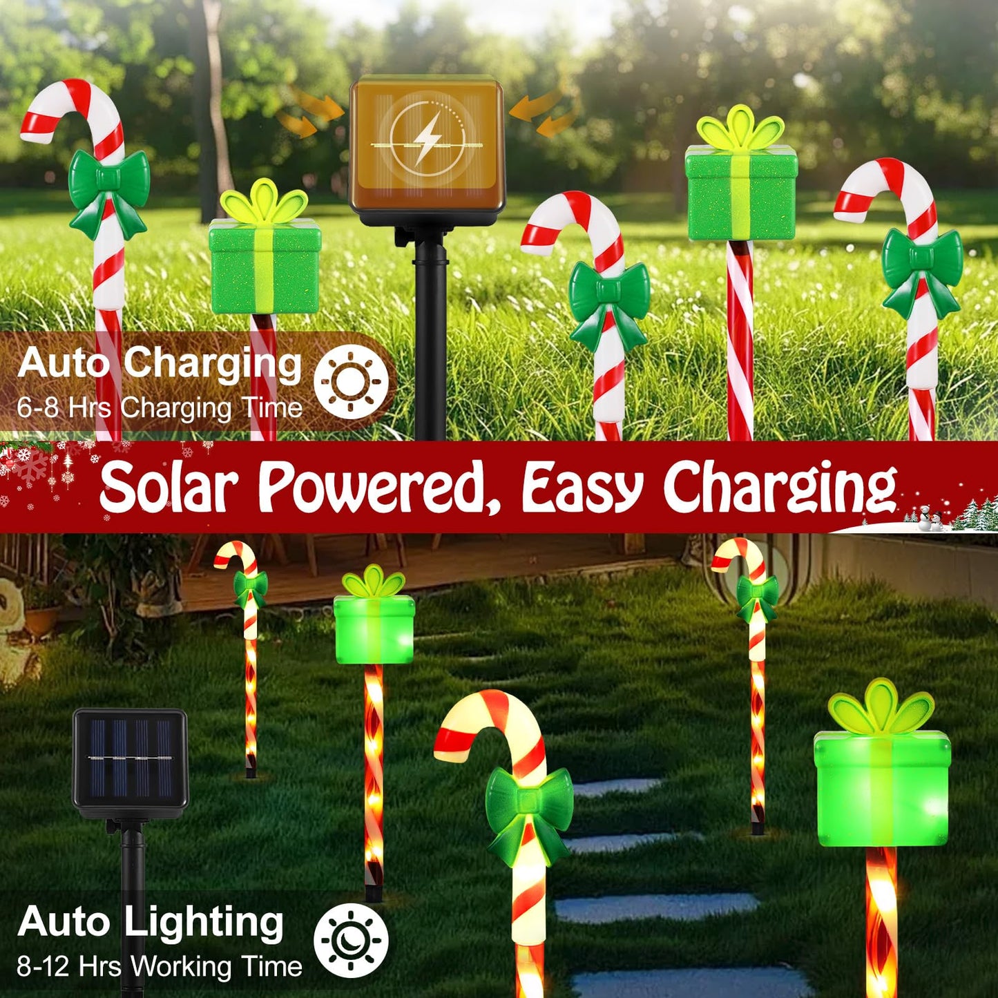 Lewondr Solar Christmas Pathway Lights, 5 PCS Solar Christmas Decorations Outdoor with 2 Lighting Modes, Cane and Gift Box Lights with Garden Stake, Waterproof Garden Yard Lawn Patio Holiday Decor