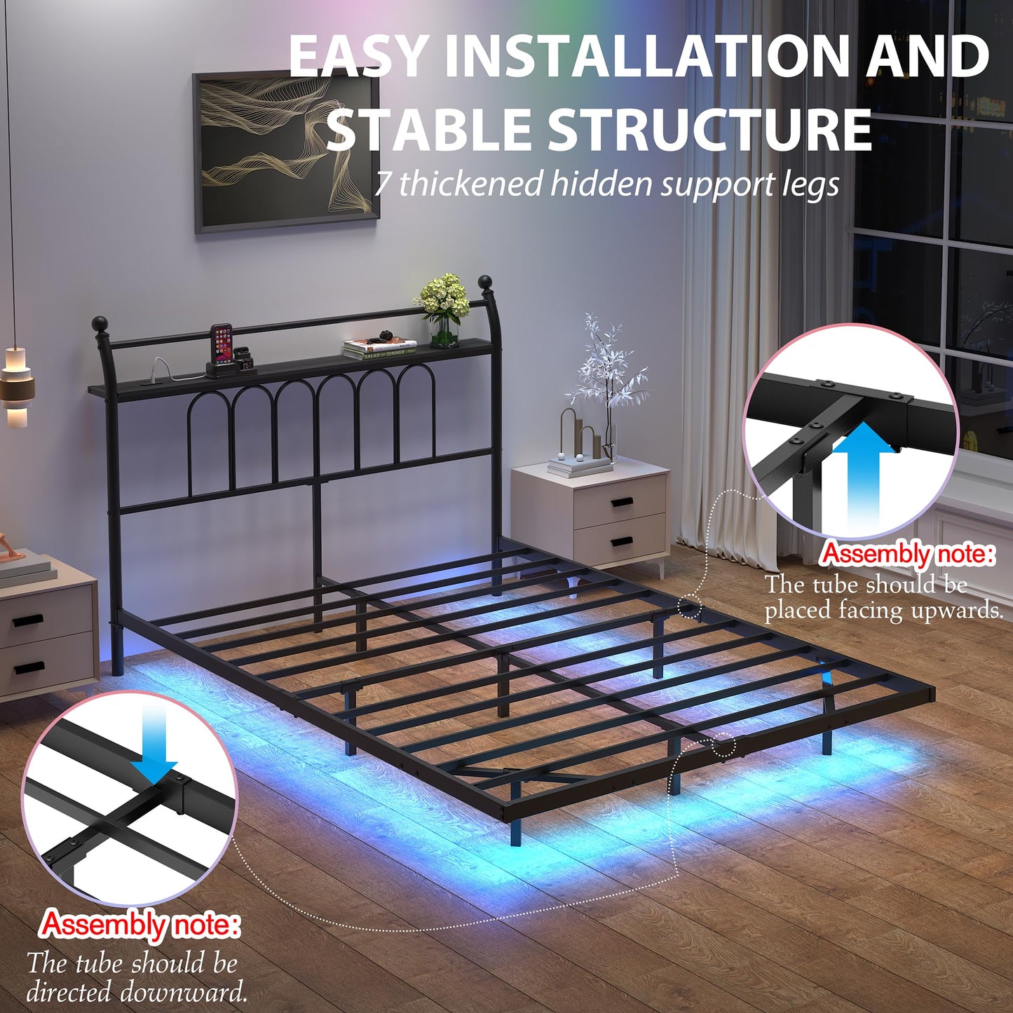 VERFARM Floating Double Bed Frame with USB Charging Station, LED Bed Frame with Wood Storage Headboard, Metal Platform Bed Frame Full Size, No Box Spring Needed, Steel Slat Support, Easy to Assemble
