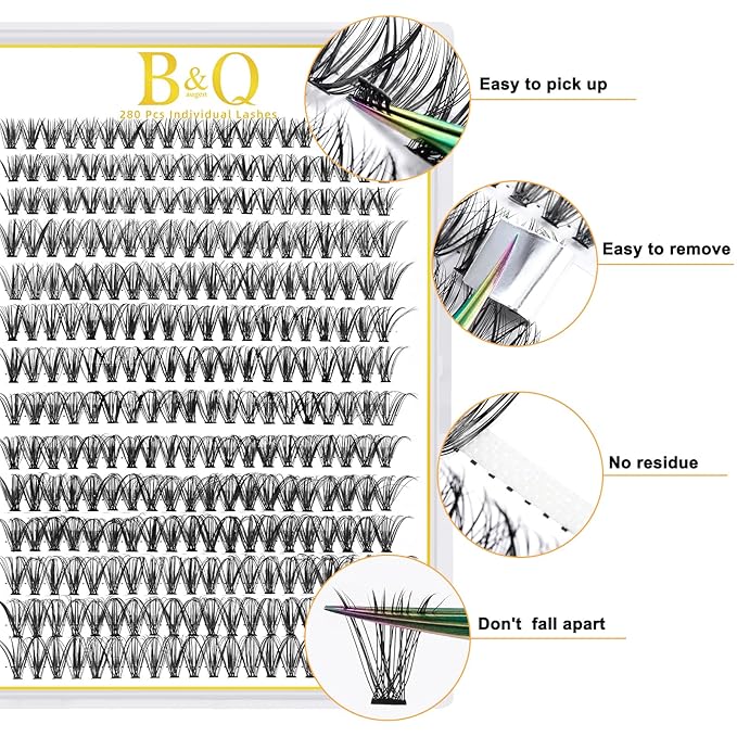 B&Qaugen False Eyelash 280 Clusters, Individual Lashes Extensions, DIY Eyelash Extensions, 30D, Cruelty Free