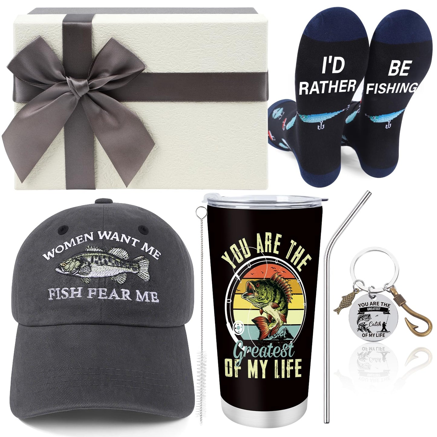 Keluna Fishing Gifts for Men - 4Pcs Fishing Gifts Set, 20oz Fish Tumbler Socks Cap Keychain, Fisherman Father's Day Birthday Christmas Retirement Presents for Dad Grandpa Husband Brother Boyfriend