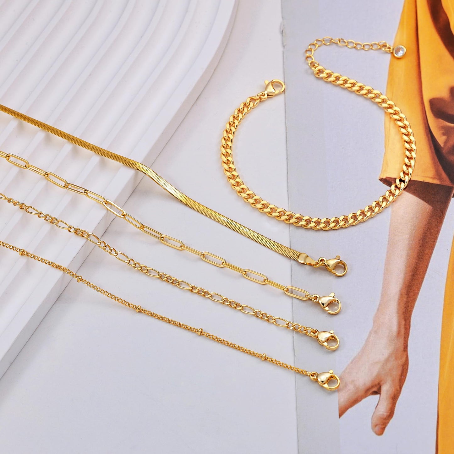 DEARMAY 14K Gold Plated Bracelets for Women Jewelry Sets Stack Trendy Dainty Stackable Paperclip Rope Snake Box Figaro Chain Bra