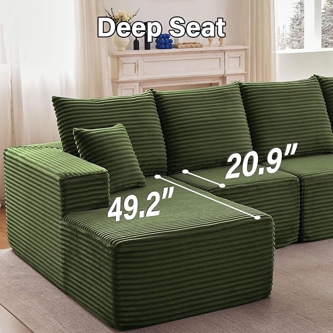 135.4" Cloud Sectional Couch with L-Shape Chaise, Modern Corduroy Boneless Couch for Living Room,Memory Foam Sofa with Deep Seat,No Assembly Required (Green,Right-Facing Chaise)