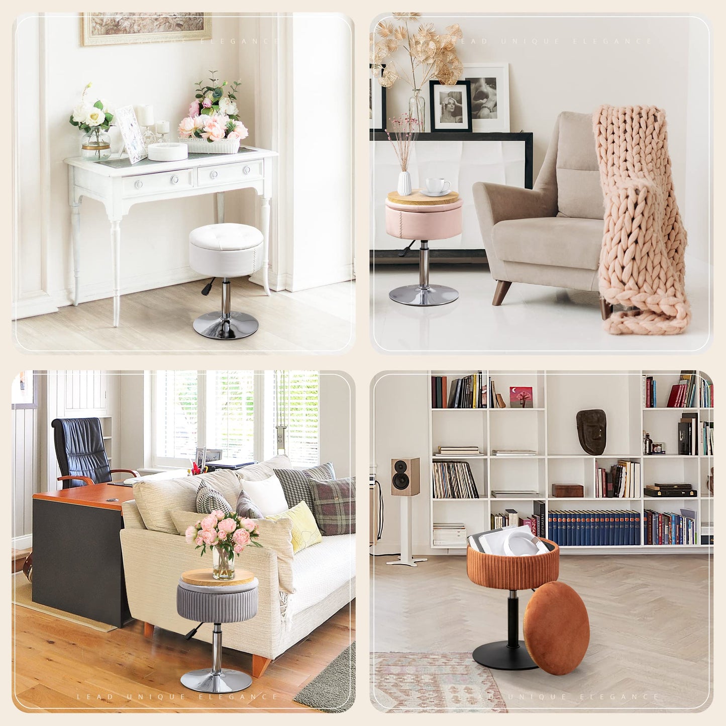 LUE BONA 360°Swivel Vanity Stool Chair for Makeup Room, Height Adjustable Stool for Vanity with Storage, Small White Faux Leather for Bathroom, Living Room