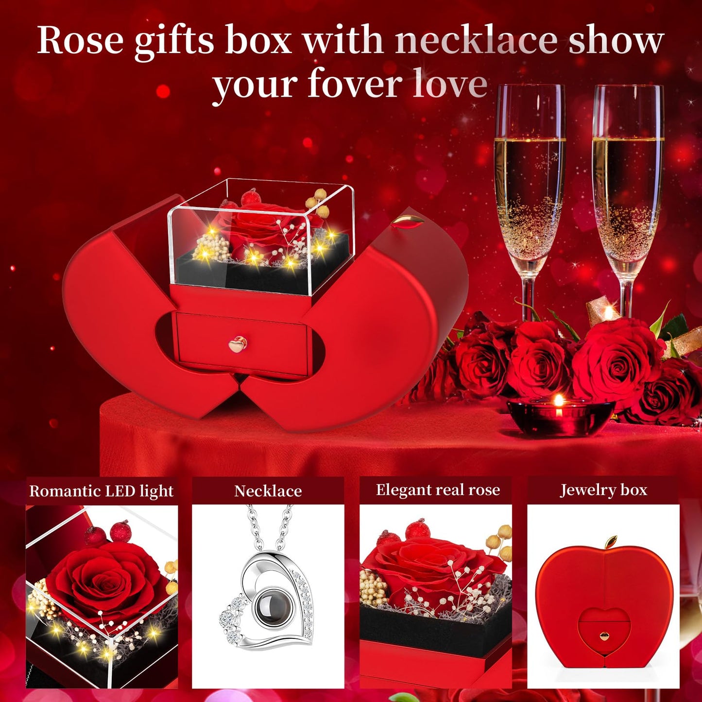 Lebana Preserved Red Real Rose with I Love You Necklace, Birthday Gifts for Women Her Mom Wife Girlfriend Grandma Christmas Anniversary Romantic-Red